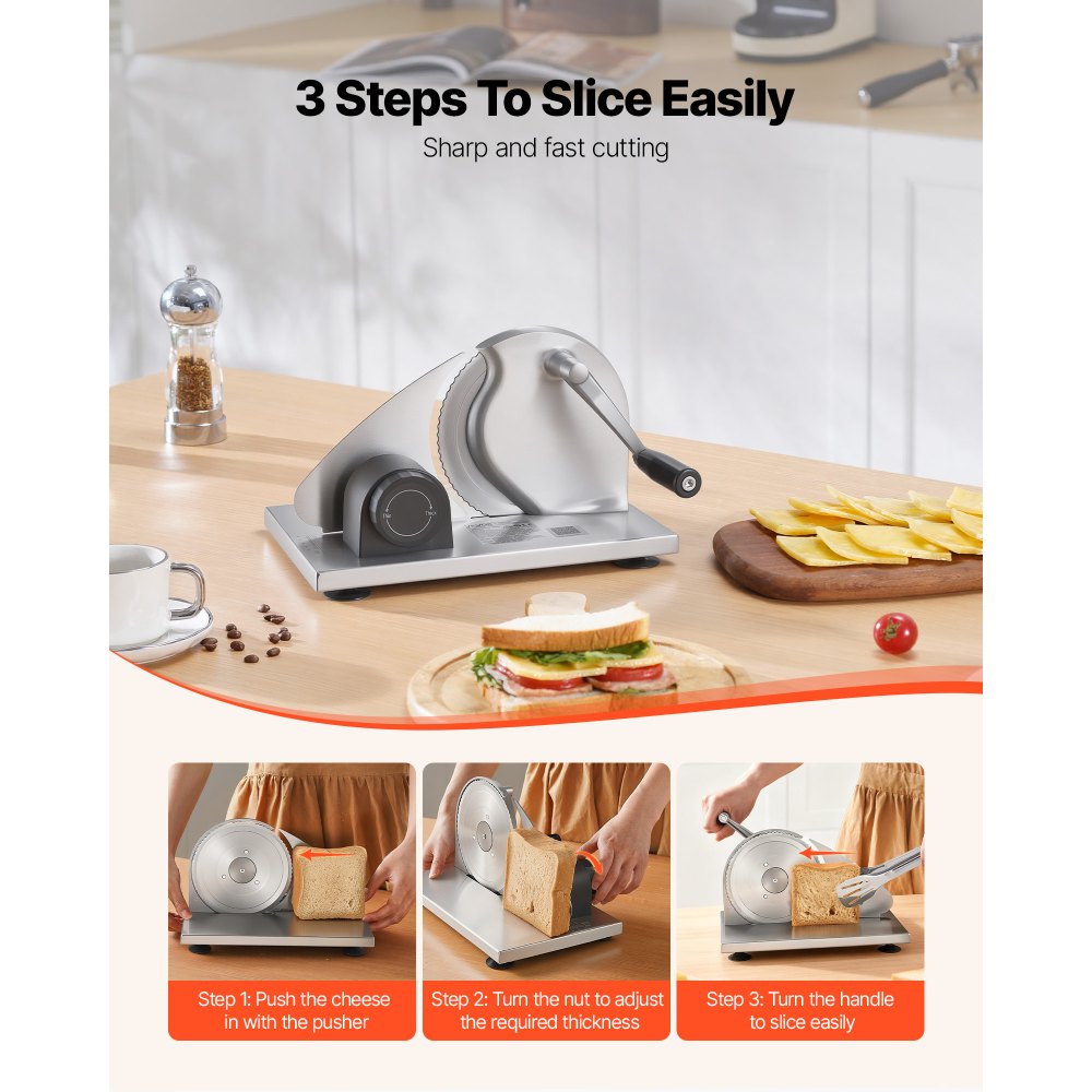 VEVOR Manual Bread Slicer, 0-15mm Adjustable Thickness Cheese Cutter, Hand-Cranked Bread Slicer with Micro-Serrated Stainless Steel Blade for Kitchen, Bakery, Party