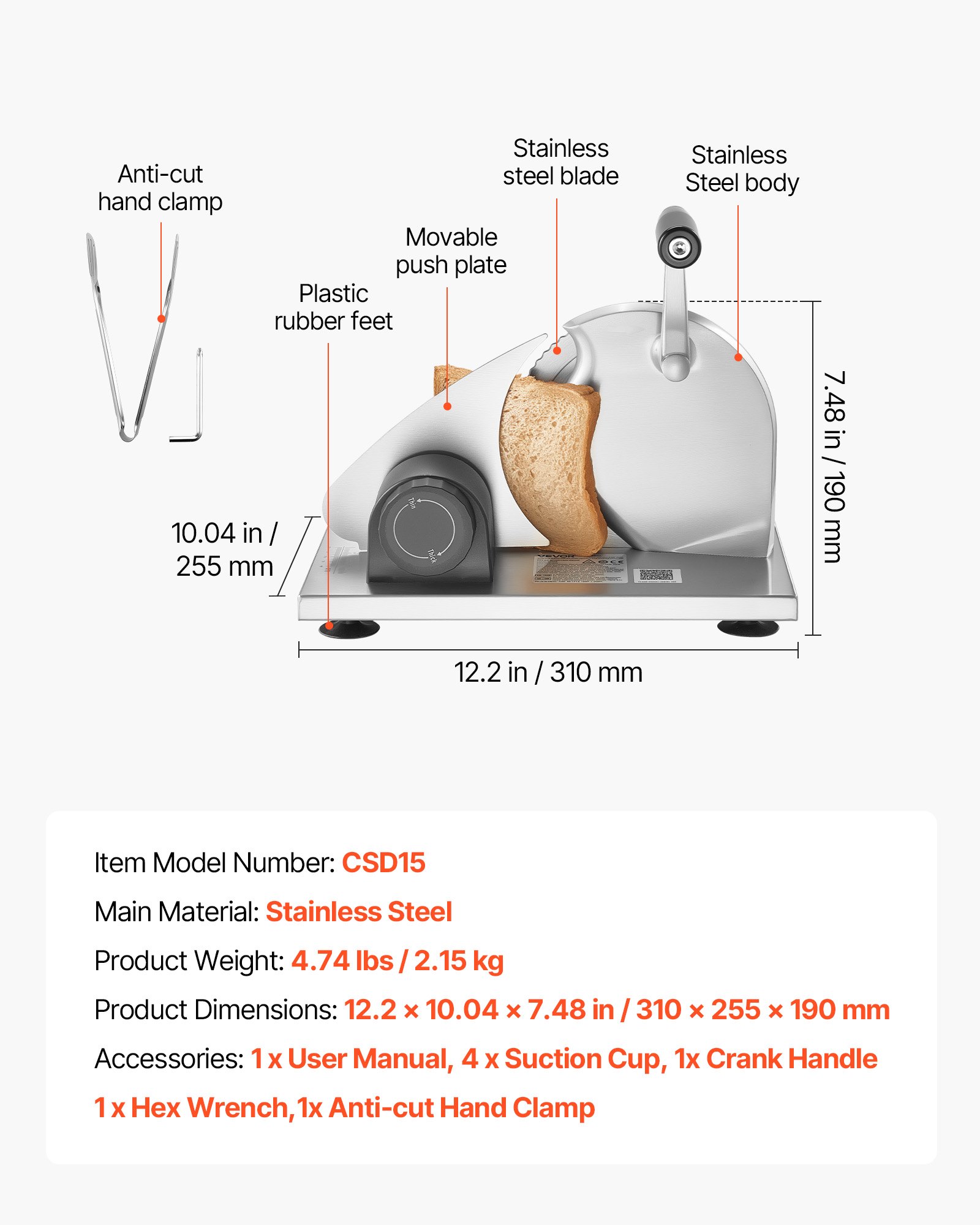 VEVOR Manual Bread Slicer, 0-15mm Adjustable Thickness Cheese Cutter, Hand-Cranked Bread Slicer with Micro-Serrated Stainless Steel Blade for Kitchen, Bakery, Party