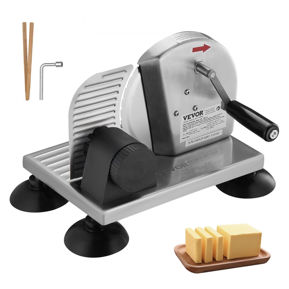 VEVOR bread slicer with suction cups, slicing guide, and accessories, next to sliced bread.