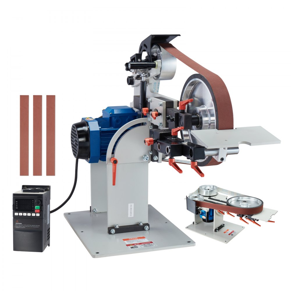 VEVOR belt grinder with attached motor, sanding belts, and control panel.