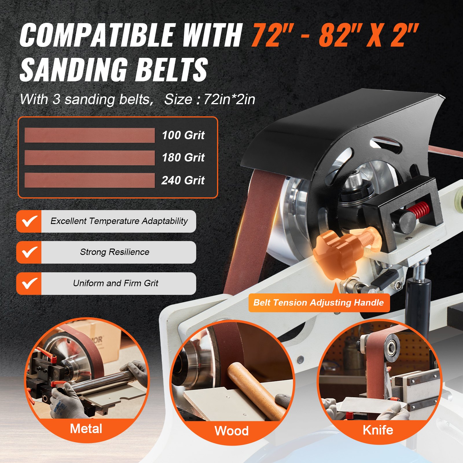 VEVOR Belt Grinder Sander, 72 x 2-Inch Variable Speed Belt Polisher with VFD, 1500W Knife Sharpener with 3 Grinding Moulds & 3PCS Sanding Belts for Metalworking, Compatible with 72"- 82*2" Belts