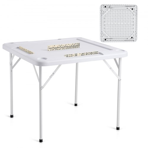 VEVOR Mahjong Table, Square 4 Player Folding Card Table with 4 Cup Holders & 4 Chip Trays, Portable Domino Game Table with 1 Set of Dominoes for Mahjong Poker Puzzles, 90 x 90-inch, White