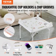 VEVOR Mahjong Table, Square 4 Player Folding Card Table with 4 Cup Holders & 4 Chip Trays, Portable Domino Game Table with 1 Set of Dominoes for Mahjong Poker Puzzles, 90 x 90-inch, White