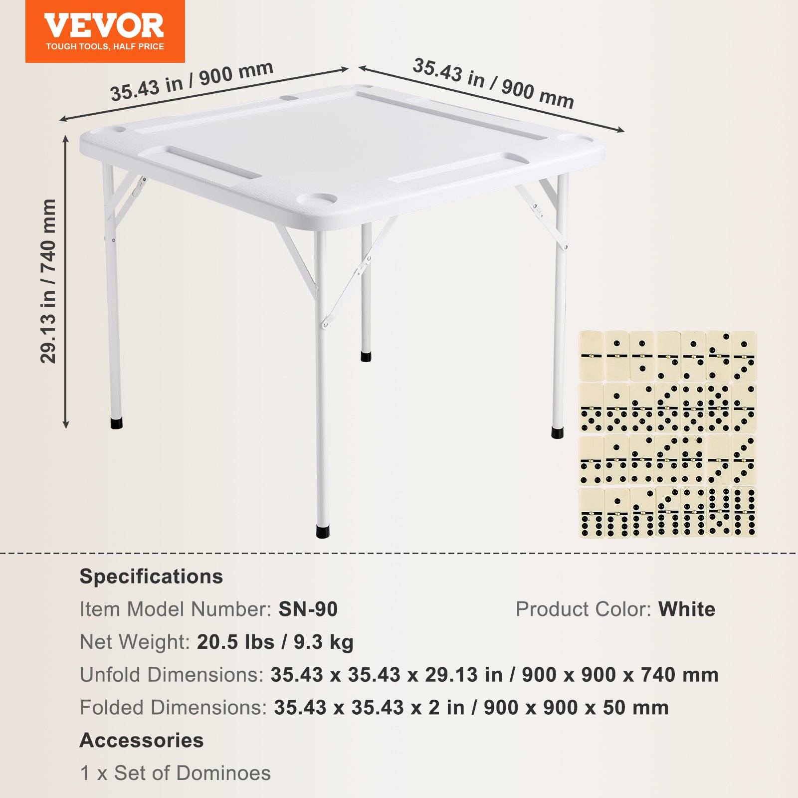 VEVOR Mahjong Table, Square 4 Player Folding Card Table with 4 Cup Holders & 4 Chip Trays, Portable Domino Game Table with 1 Set of Dominoes for Mahjong Poker Puzzles, 35.4 x 35.4-inch, White