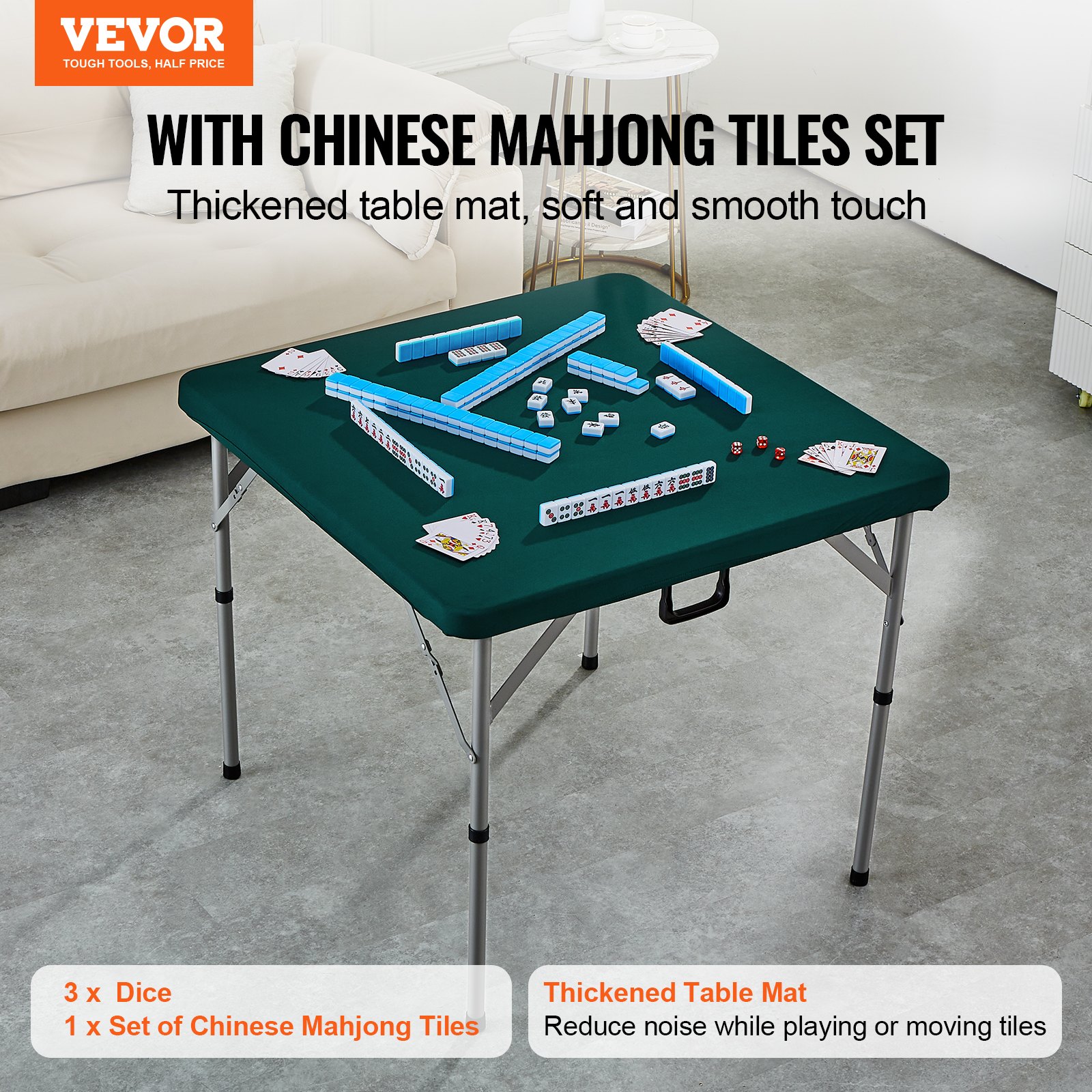 VEVOR mahjong table with chinese mahjong tiles set, thickened green mat, dice, and card rack on display.