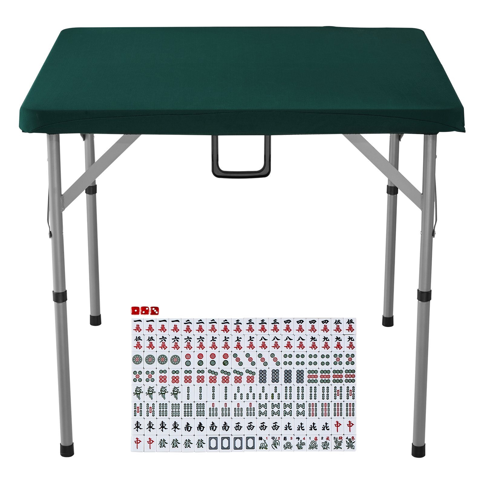 VEVOR mahjong table with closed green tabletop and a full set of mahjong tiles displayed below.