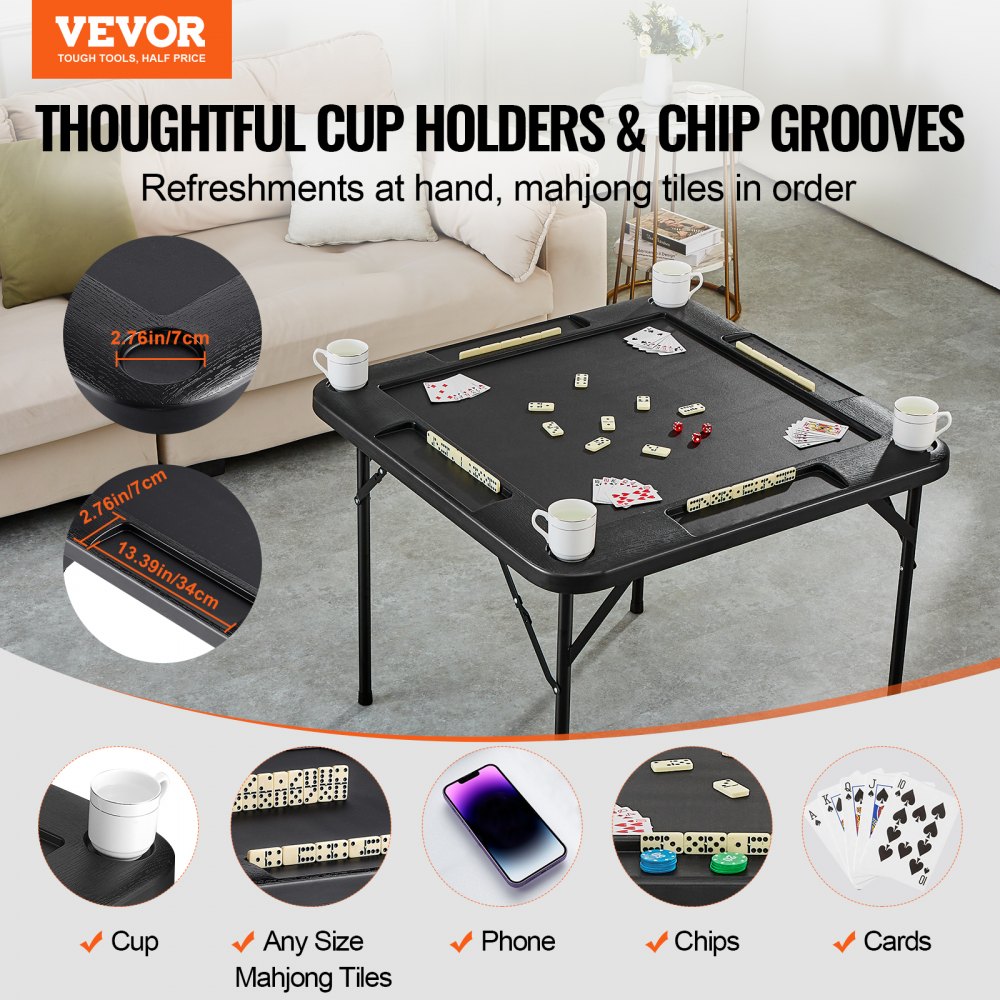 VEVOR Mahjong Table, Square 4 Player Folding Card Table with 4 Cup Holders & 4 Chip Trays, Portable Domino Game Table with 1 Set of Dominoes for Mahjong Poke Puzzles, 90 x 90-inch, Black