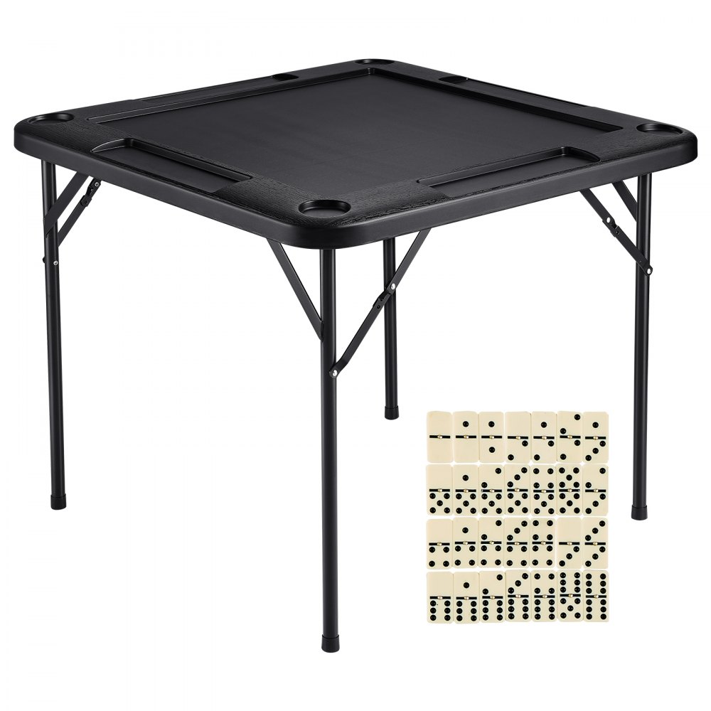 VEVOR Mahjong Table, Square 4 Player Folding Card Table with 4 Cup Holders & 4 Chip Trays, Portable Domino Game Table with 1 Set of Dominoes for Mahjong Poke Puzzles, 90 x 90-inch, Black