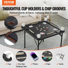 VEVOR Mahjong Table, Square 4 Player Folding Card Table with 4 Cup Holders & 4 Chip Trays, Portable Domino Game Table with 1 Set of Dominoes for Mahjong Poke Puzzles, 35.4 x 35.4-inch, Black
