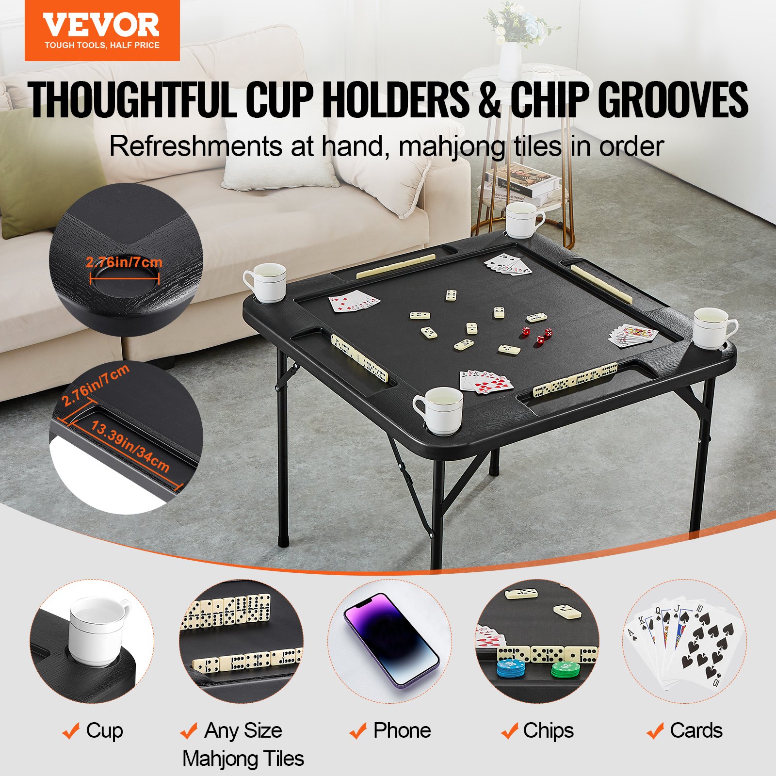 VEVOR Mahjong Table, Square 4 Player Folding Card Table with 4 Cup Holders & 4 Chip Trays, Portable Domino Game Table with 1 Set of Dominoes for Mahjong Poke Puzzles, 90 x 90-inch, Black