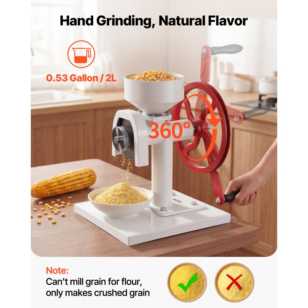 VEVOR Manual Grain Mill with Flywheel, Hand-Crank Corn Grinder, Heavy-Duty Carbon Steel Wheat Grinding Mill with Adjustable Fineness & 0.53 Gallon Hopper for Grains Spices Coffee Beans Nuts