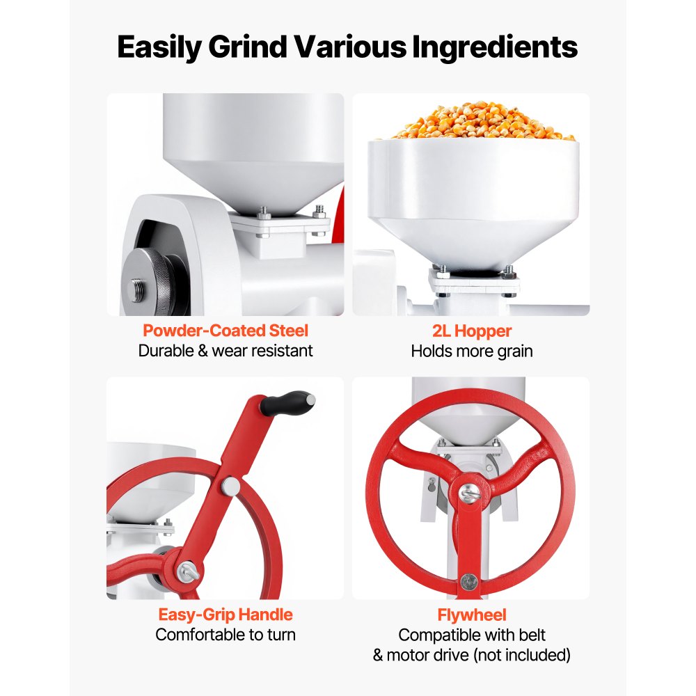VEVOR Manual Grain Mill with Flywheel, Hand-Crank Corn Grinder, Heavy-Duty Carbon Steel Wheat Grinding Mill with Adjustable Fineness & 0.53 Gallon Hopper for Grains Spices Coffee Beans Nuts