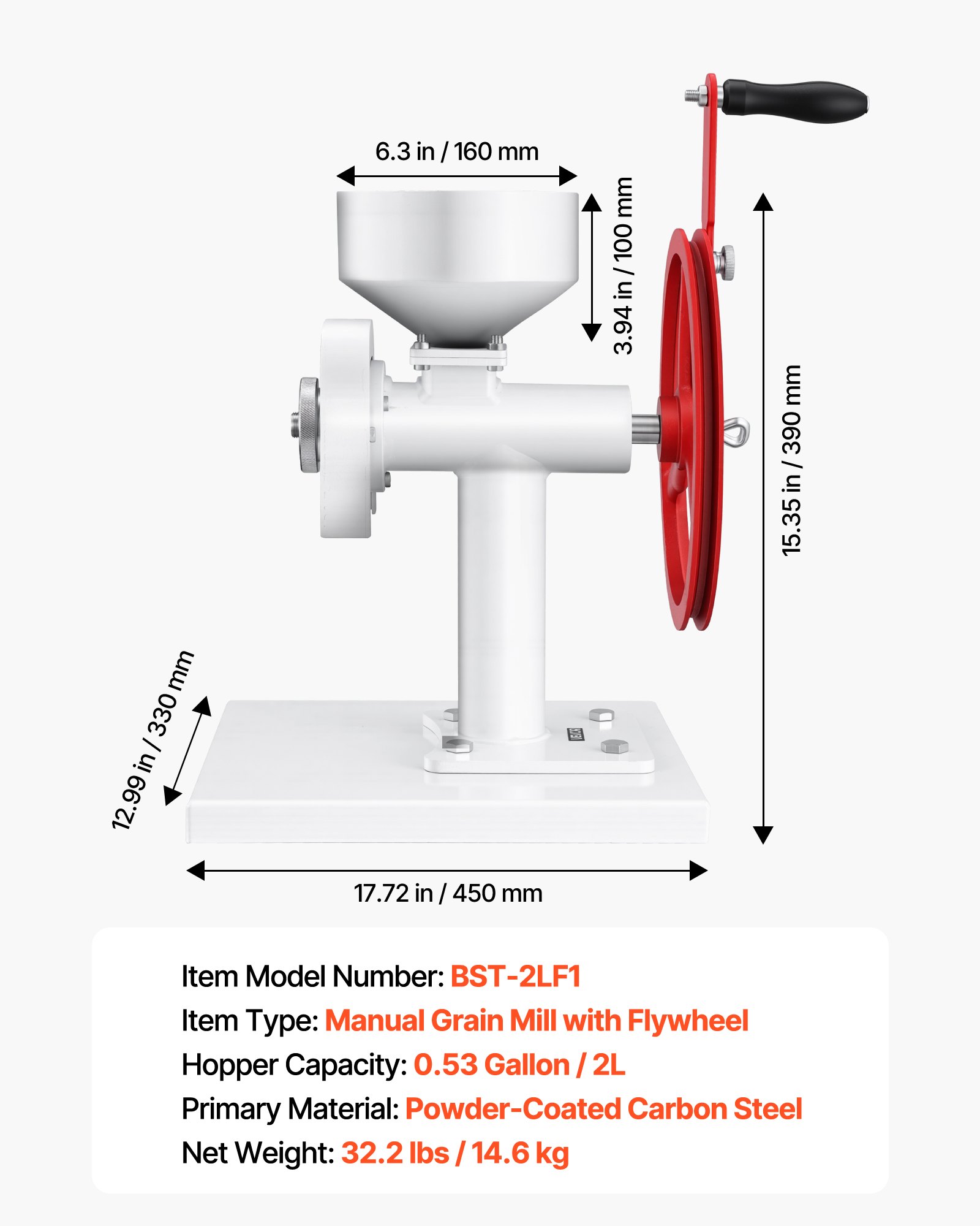 VEVOR Manual Grain Mill with Flywheel, Hand-Crank Corn Grinder, Heavy-Duty Carbon Steel Wheat Grinding Mill with Adjustable Fineness & 0.53 Gallon Hopper for Grains Spices Coffee Beans Nuts