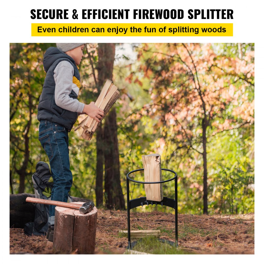 child using VEVOR log splitter in a forest, splitting firewood effortlessly. safe and fun.