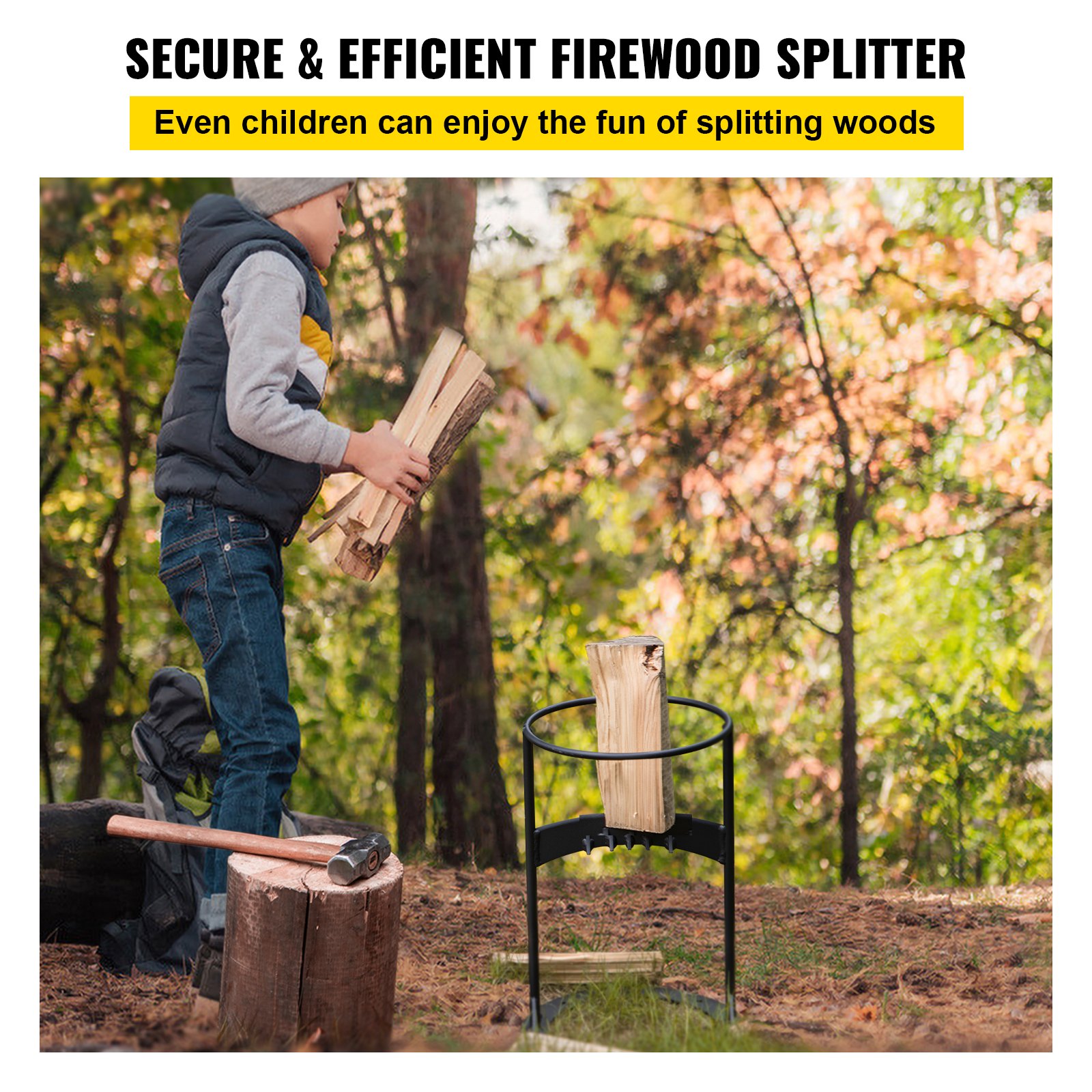 child using VEVOR log splitter in a forest, splitting firewood effortlessly. safe and fun.
