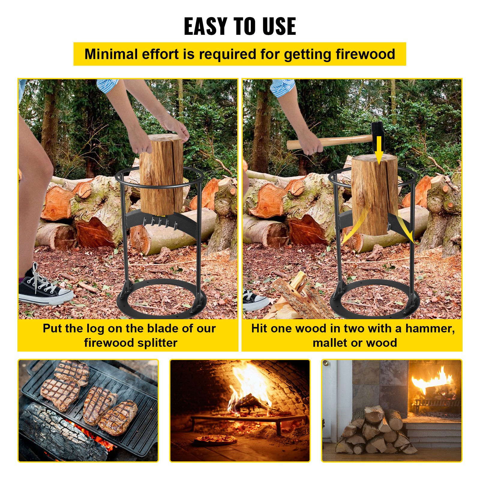 easy firewood splitting using the VEVOR log splitter with a hammer in a forest setting.