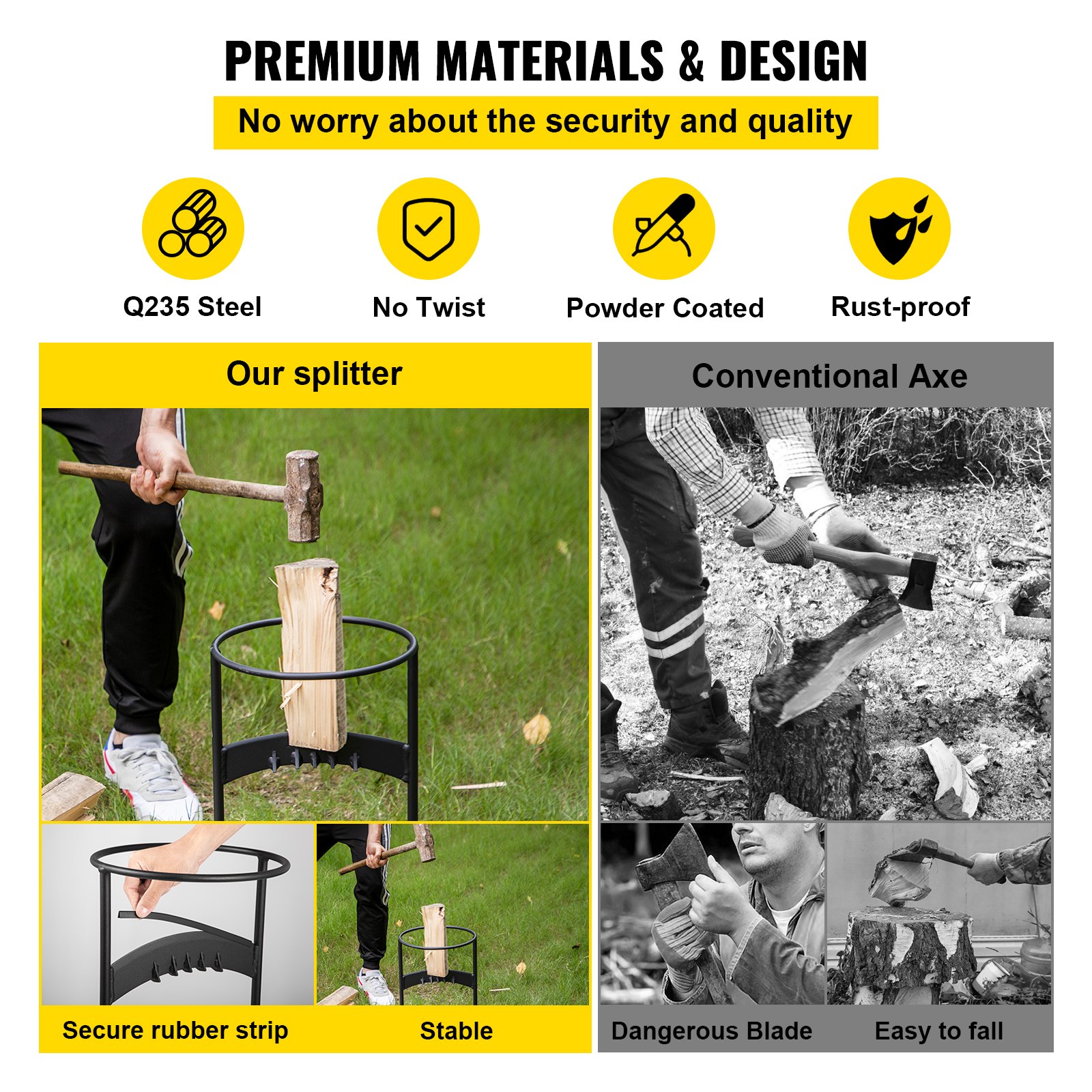 VEVOR log splitter vs conventional axe: safe, stable, q235 steel, rust-proof, no twist.