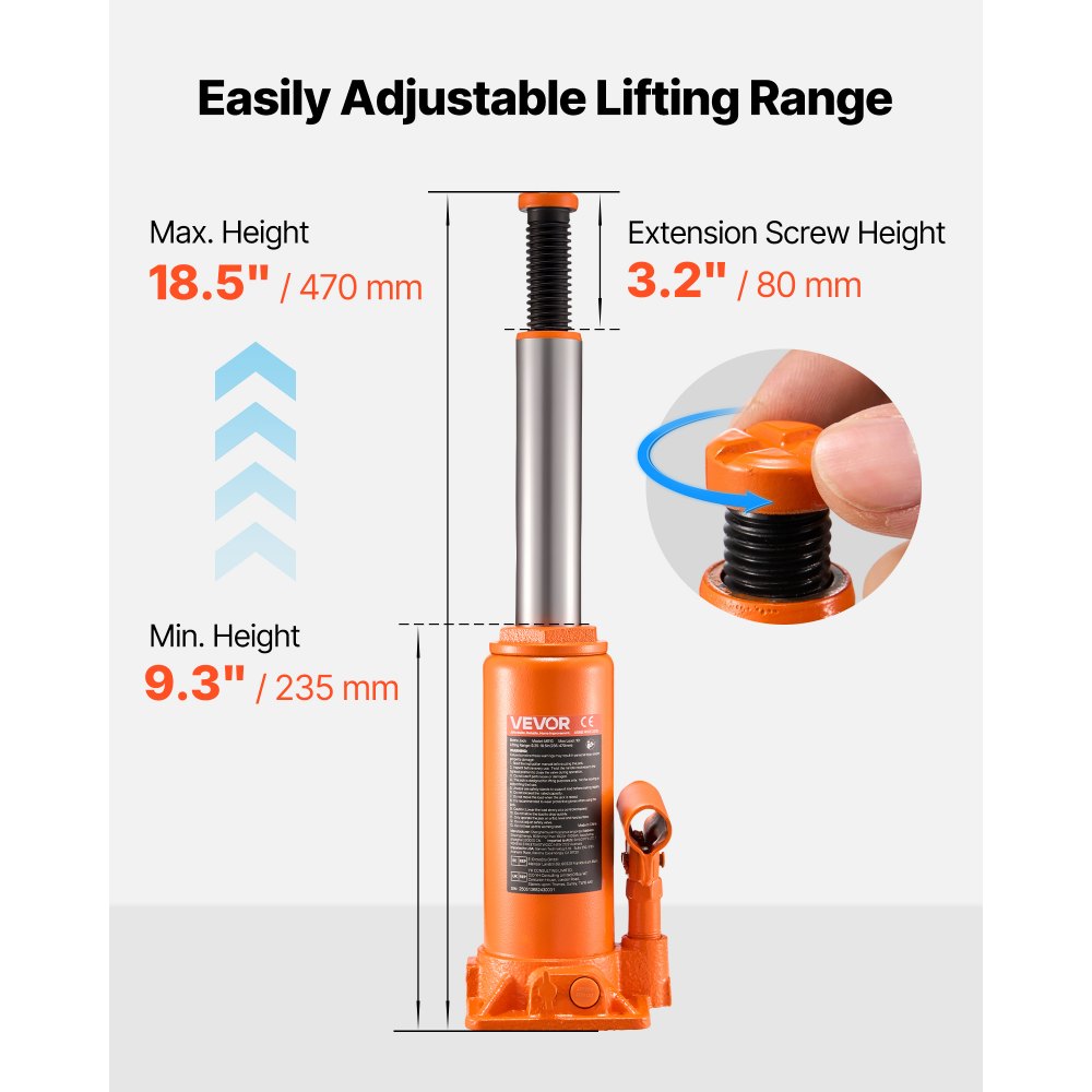 VEVOR Hydraulic Bottle Jack, 10 Ton (22046 lbs) Capacity, 9.3-18.5 Inch Lifting Range, Heavy Duty Welded Bottle Jack for Car, SUV, Pickup, Auto Repair, House Lift and Agricultural Equipment, Orange