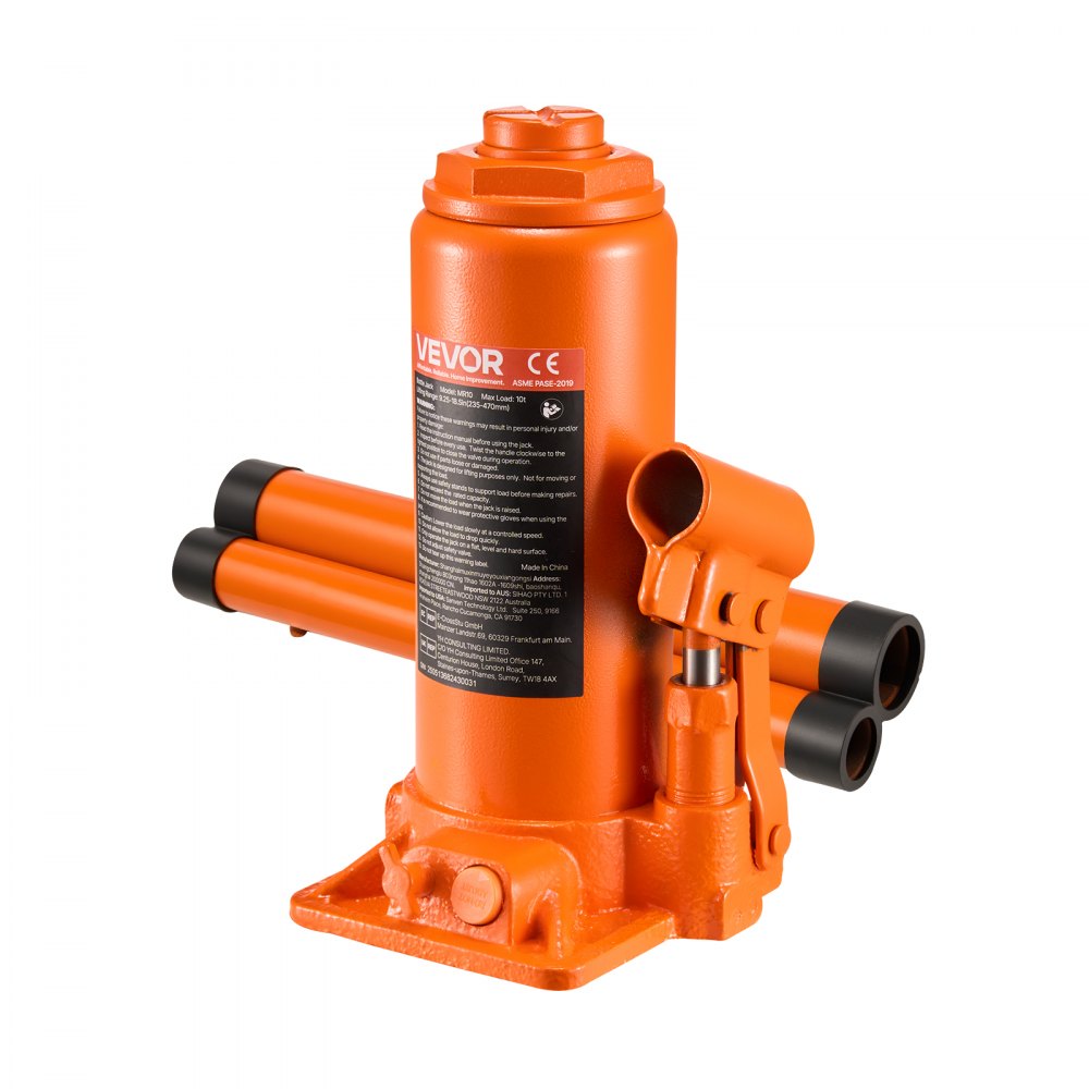 VEVOR Hydraulic Bottle Jack, 10 Ton (22046 lbs) Capacity, 9.3-18.5 Inch Lifting Range, Heavy Duty Welded Bottle Jack for Car, SUV, Pickup, Auto Repair, House Lift and Agricultural Equipment, Orange