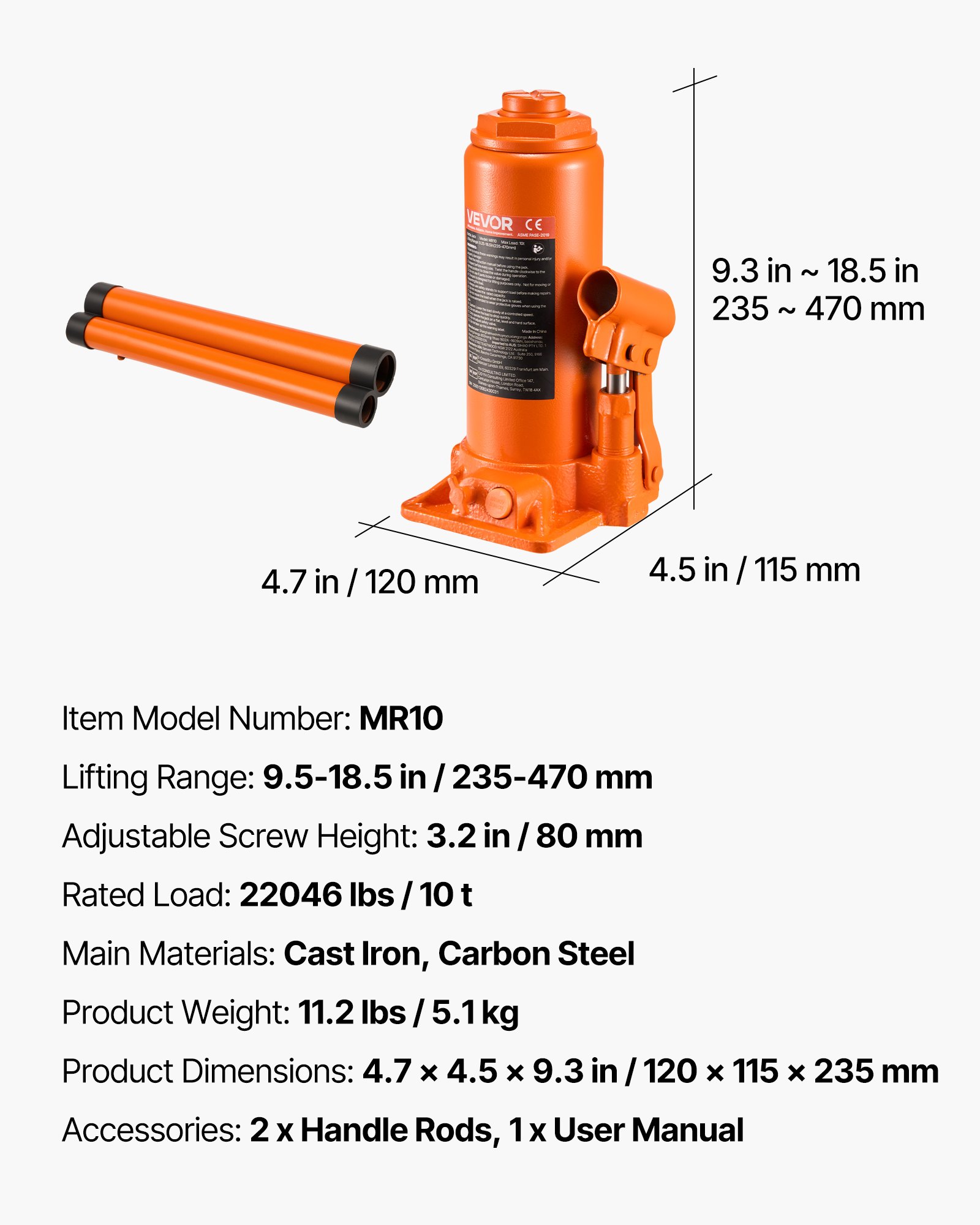 VEVOR Hydraulic Bottle Jack, 10 Ton (22046 lbs) Capacity, 9.3-18.5 Inch Lifting Range, Heavy Duty Welded Bottle Jack for Car, SUV, Pickup, Auto Repair, House Lift and Agricultural Equipment, Orange