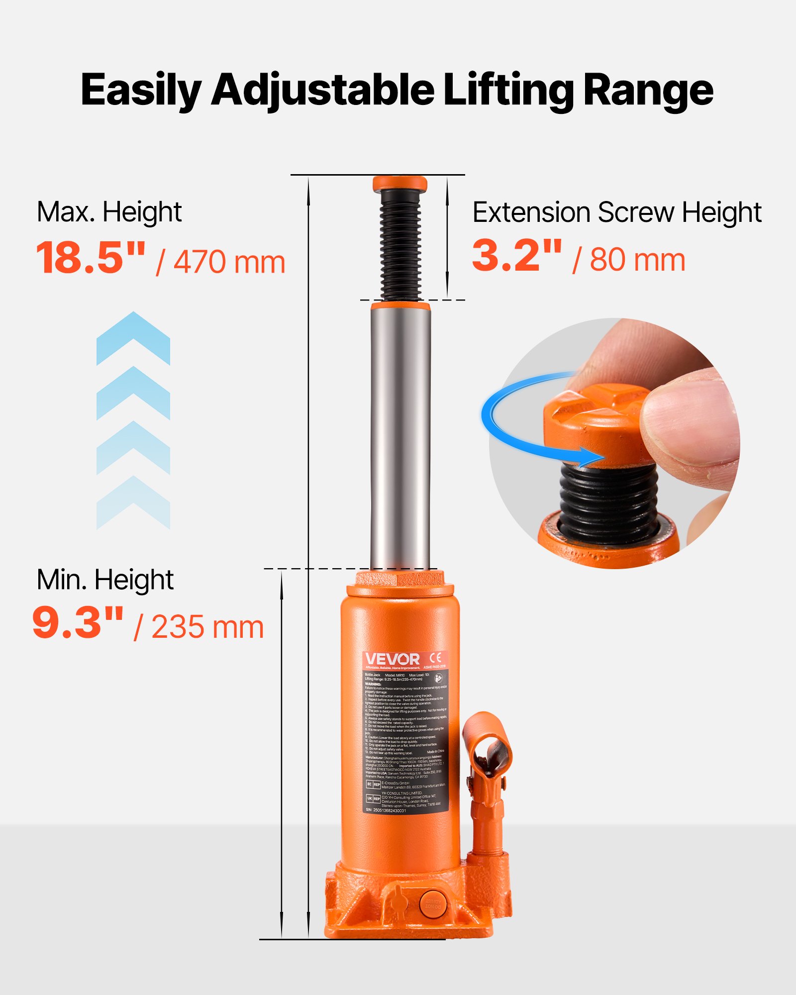 VEVOR Hydraulic Bottle Jack, 10 Ton (22046 lbs) Capacity, 9.3-18.5 Inch Lifting Range, Heavy Duty Welded Bottle Jack for Car, SUV, Pickup, Auto Repair, House Lift and Agricultural Equipment, Orange