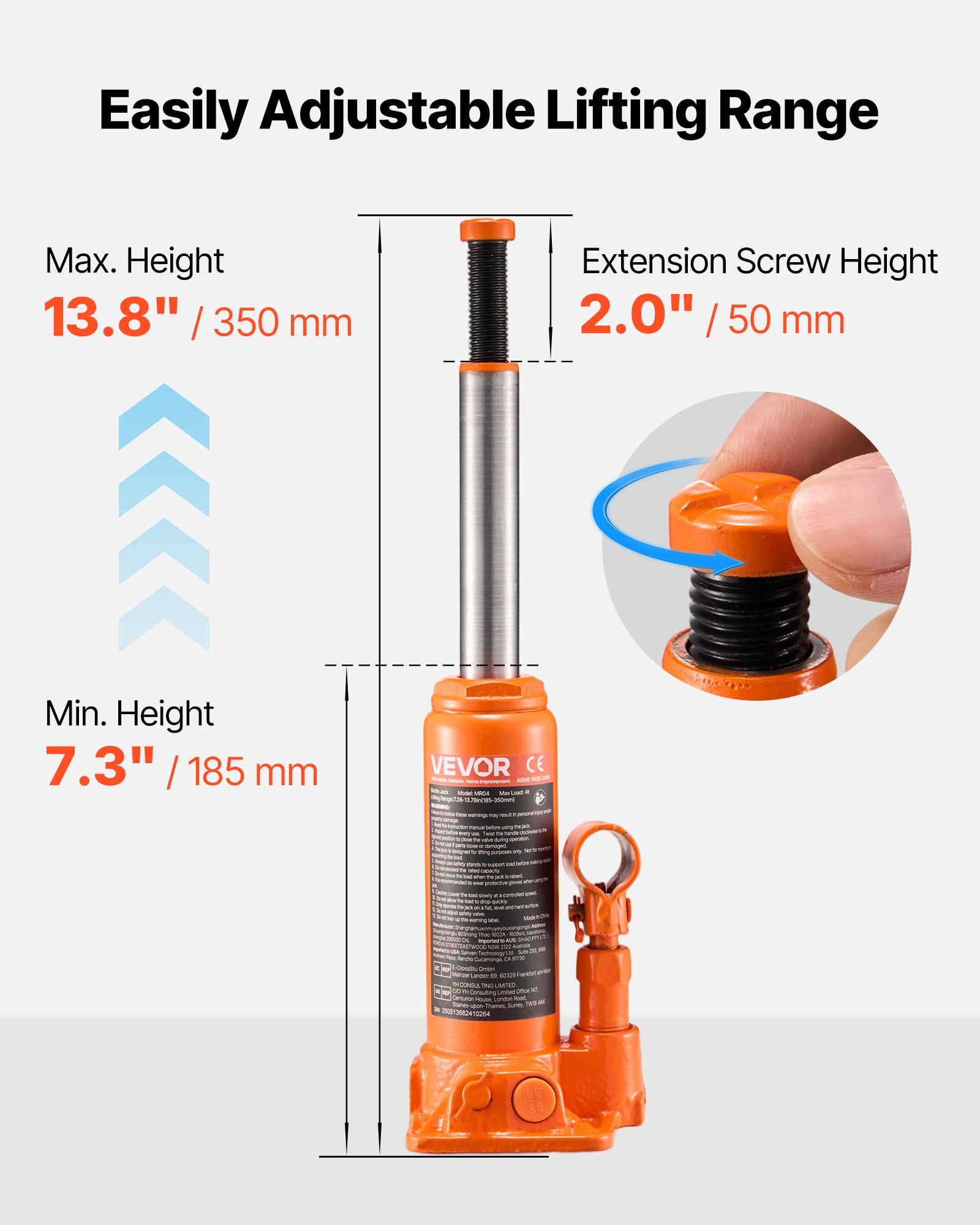 VEVOR Hydraulic Bottle Jack, 4 Ton (8818.4 lbs) Capacity, 7.3-13.8 Inch Lifting Range, Heavy Duty Welded Bottle Jack for Car, SUV, Pickup, Auto Repair, House Lift and Agricultural Equipment, Orange