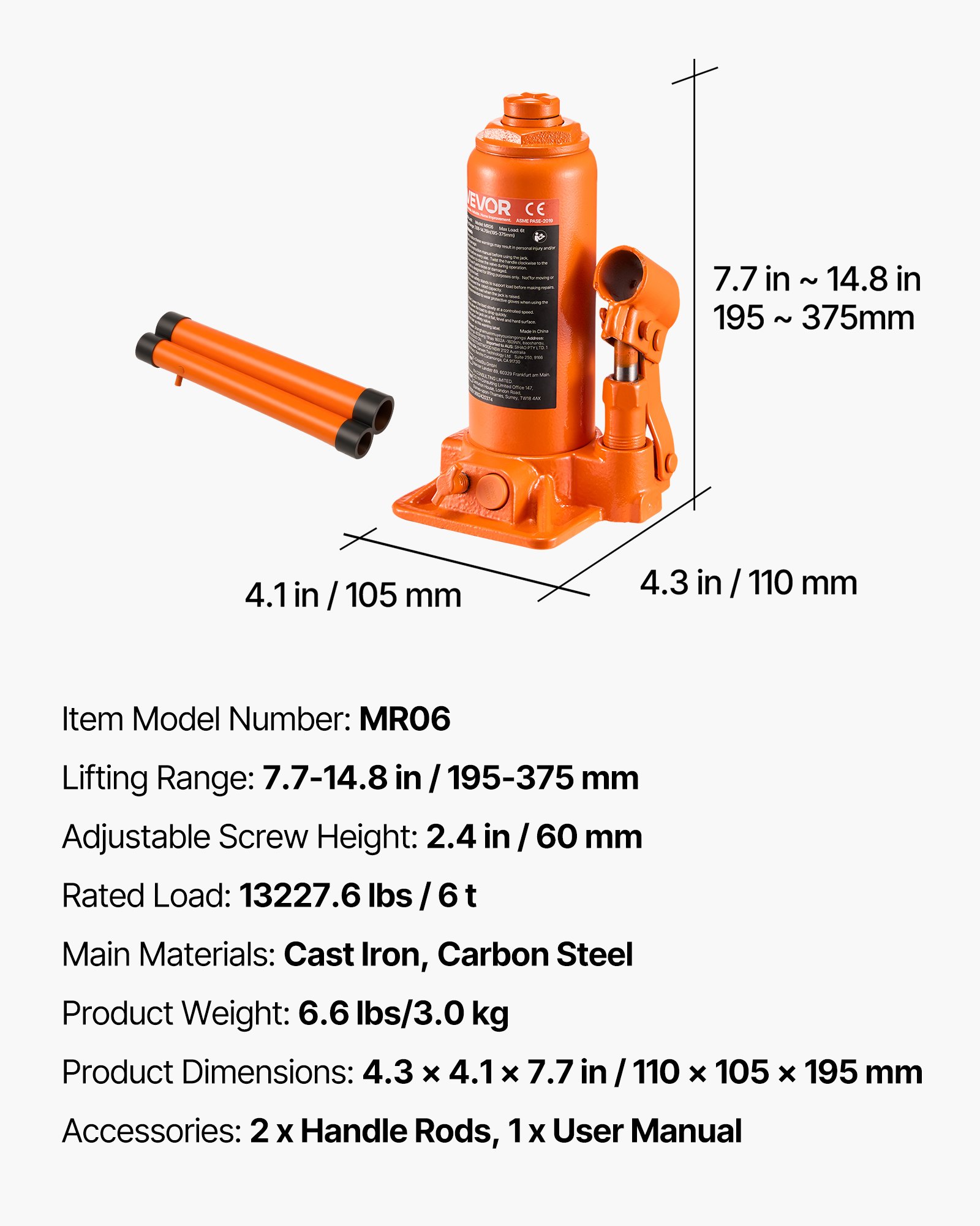 VEVOR Hydraulic Bottle Jack, 6 Ton (13227.6 lbs) Capacity, 7.7-14.8 Inch Lifting Range, Heavy Duty Welded Bottle Jack for Car, SUV, Pickup, Auto Repair, House Lift and Agricultural Equipment, Orange