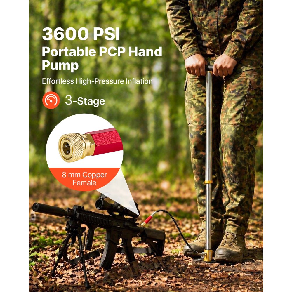 VEVOR PCP Hand Pump, 3 Stage, High Pressure Air Rifle Filling Stirrup Pump, 24.82 MPa 3600 PSI, with Oil-Moisture Filter, Pressure Gauge, Stainless Steel, for Airguns Air Rifles Paintball Tire Filling