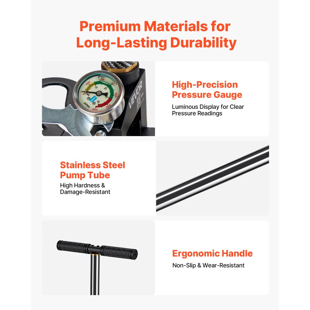 VEVOR PCP Hand Pump, 3 Stage, High Pressure Air Rifle Filling Stirrup Pump, 24.82 MPa 3600 PSI, with Oil-Moisture Filter, Pressure Gauge, Stainless Steel, for Airguns Air Rifles Paintball Tire Filling