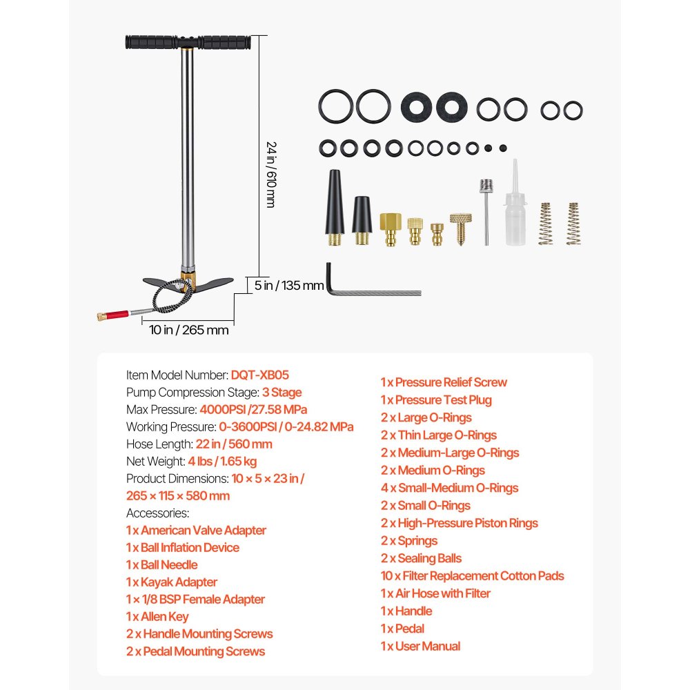 VEVOR PCP Hand Pump, 3 Stage, High Pressure Air Rifle Filling Stirrup Pump, 24.82 MPa 3600 PSI, with Oil-Moisture Filter, Pressure Gauge, Stainless Steel, for Airguns Air Rifles Paintball Tire Filling