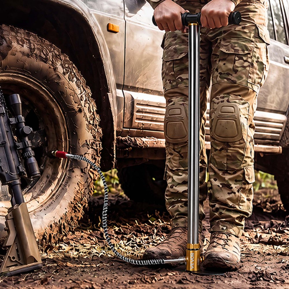 VEVOR PCP Hand Pump, 3 Stage, High Pressure Air Rifle Filling Stirrup Pump, 24.82 MPa 3600 PSI, with Oil-Moisture Filter, Pressure Gauge, Stainless Steel, for Airguns Air Rifles Paintball Tire Filling