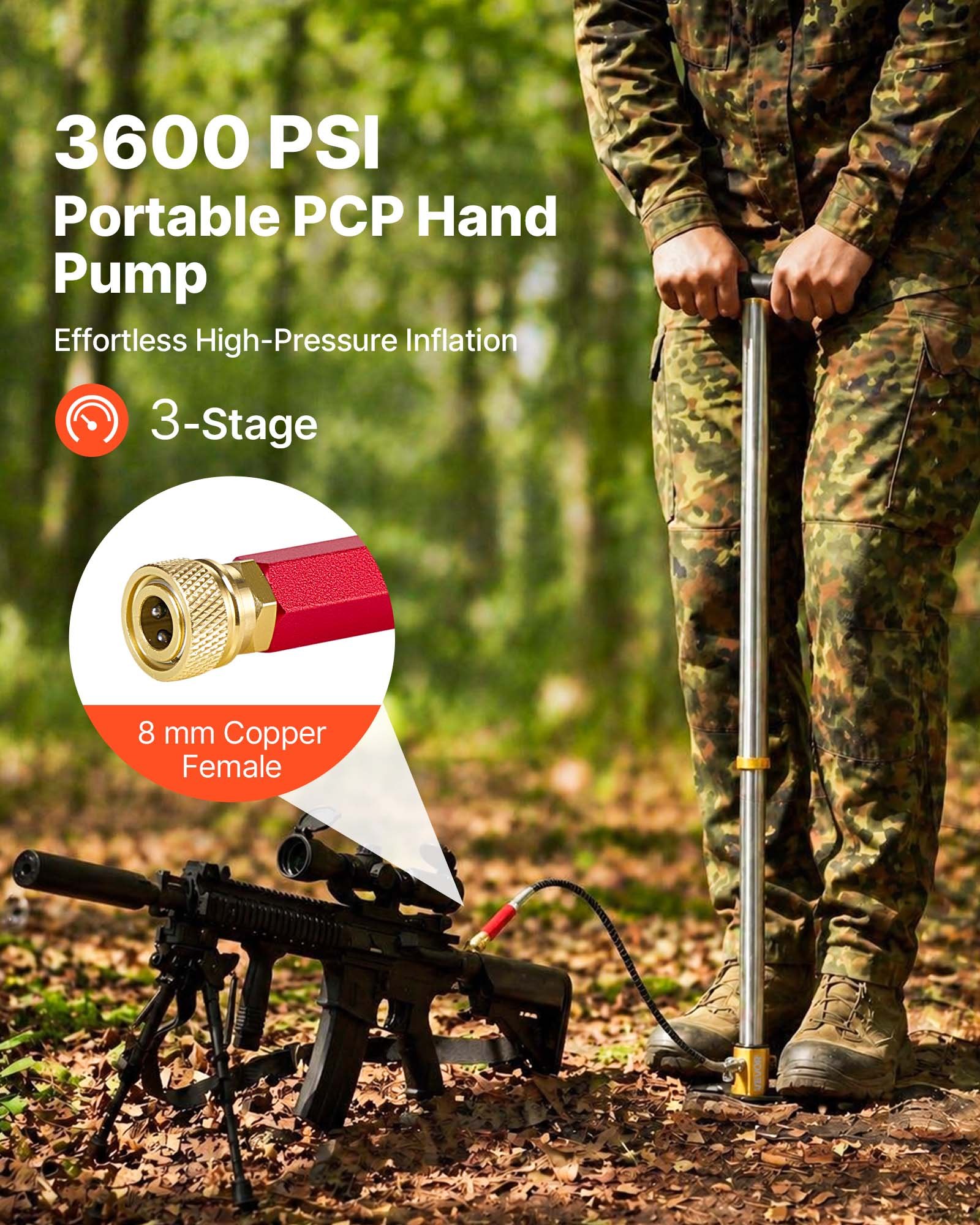 VEVOR PCP Hand Pump, 3 Stage, High Pressure Air Rifle Filling Stirrup Pump, 24.82 MPa 3600 PSI, with Oil-Moisture Filter, Pressure Gauge, Stainless Steel, for Airguns Air Rifles Paintball Tire Filling