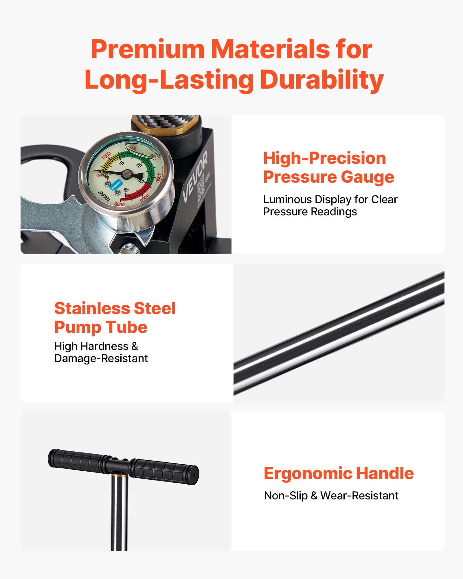 VEVOR PCP Hand Pump, 3 Stage, High Pressure Air Rifle Filling Stirrup Pump, 24.82 MPa 3600 PSI, with Oil-Moisture Filter, Pressure Gauge, Stainless Steel, for Airguns Air Rifles Paintball Tire Filling