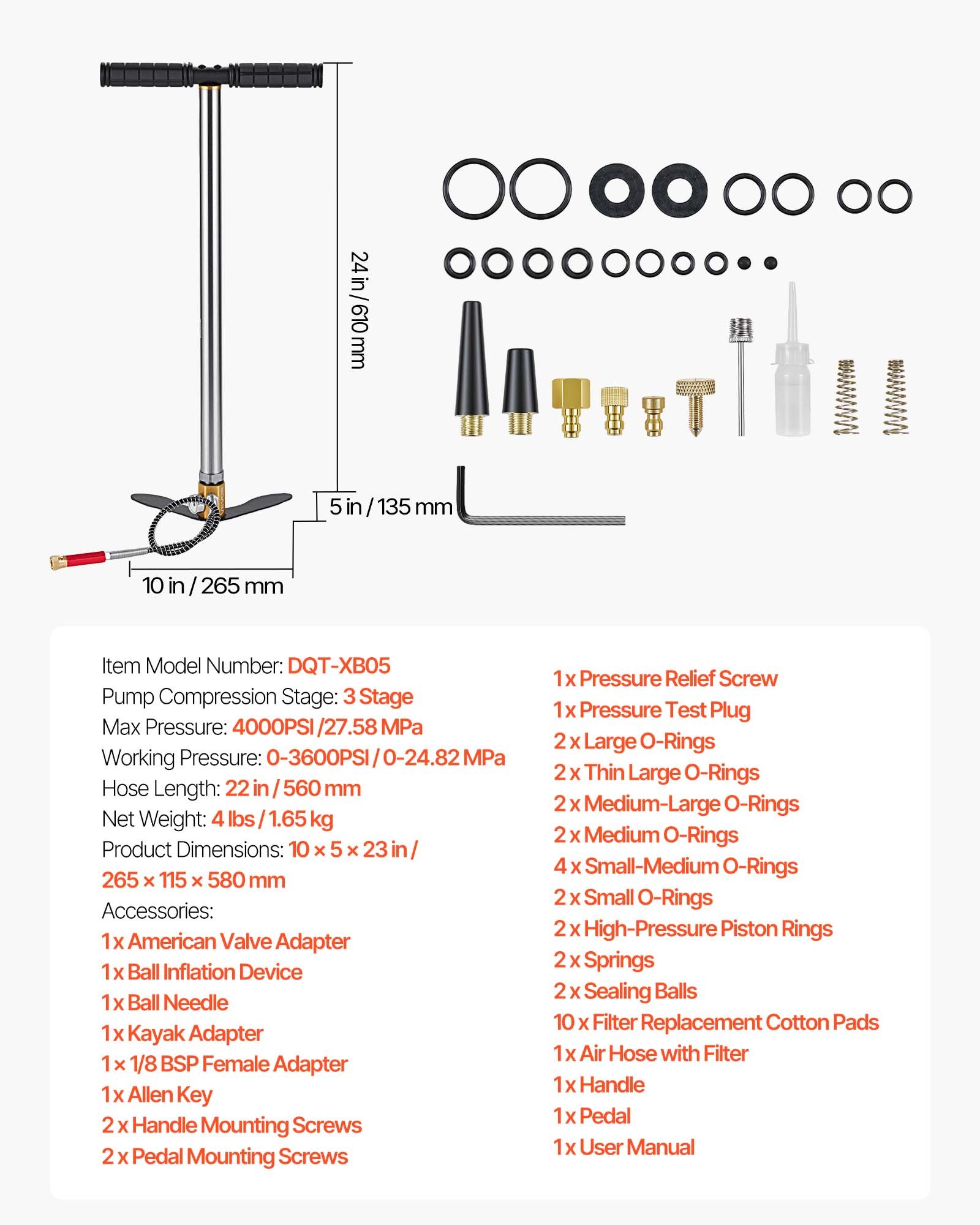VEVOR PCP Hand Pump, 3 Stage, High Pressure Air Rifle Filling Stirrup Pump, 24.82 MPa 3600 PSI, with Oil-Moisture Filter, Pressure Gauge, Stainless Steel, for Airguns Air Rifles Paintball Tire Filling