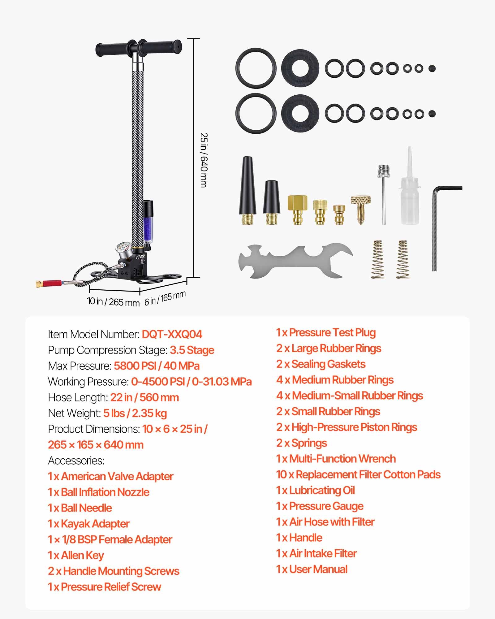 VEVOR PCP Hand Pump, 3.5 Stage, High Pressure Air Rifle Filling Stirrup Pump, 31.03 MPa 4500 PSI, with Oil-Moisture Filter, Pressure Gauge, Stainless Steel Body, for Airguns Paintball Tire Filling