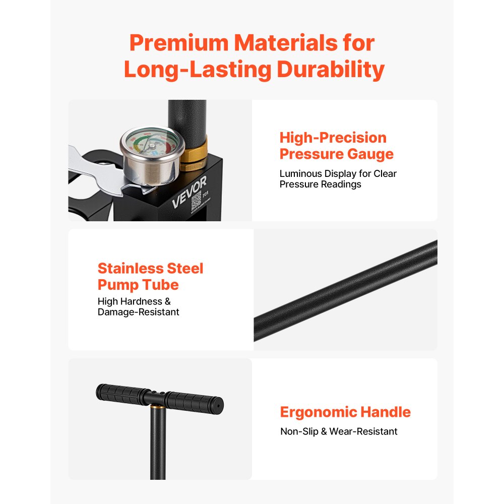 VEVOR PCP Hand Pump, 3 Stage, High Pressure Air Rifle Filling Stirrup Pump, Max 41.37 MPa 6000 PSI, with Oil-Moisture Filter, Pressure Gauge, Stainless Steel Body, for Airguns Paintball Tire Filling