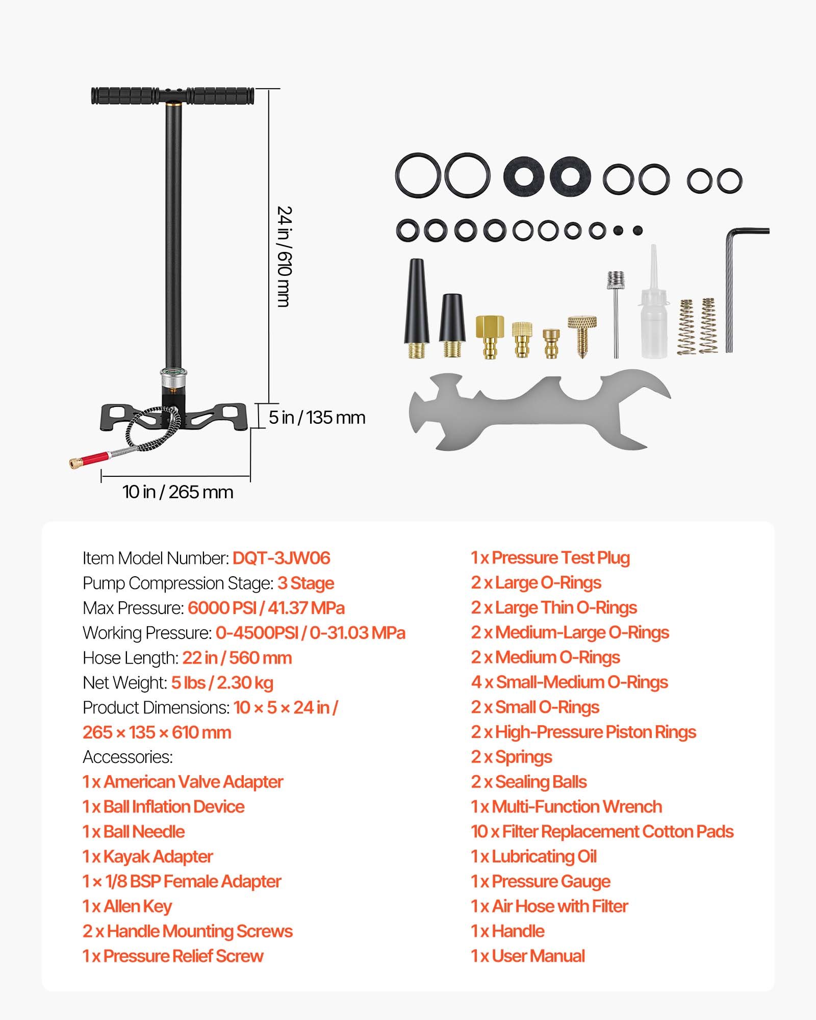 VEVOR PCP Hand Pump, 3 Stage, High Pressure Air Rifle Filling Stirrup Pump, Max 41.37 MPa 6000 PSI, with Oil-Moisture Filter, Pressure Gauge, Stainless Steel Body, for Airguns Paintball Tire Filling