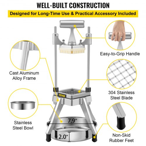 VEVOR Commercial Vegetable Fruit Chopper, Stainless Steel French Fry Cutter w/ 4 Blades 1/4" 3/8" 1/2", Vegetable Chopper Dicer w/ Stainless Bowl, Heavy Duty Cutter for Potato Tomato Onion Mushroom