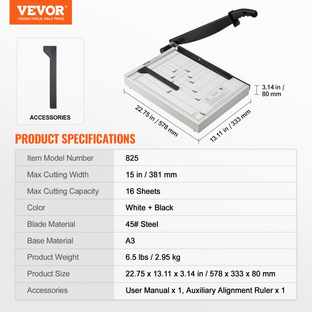 VEVOR paper cutter dimensions, accessories, and specs including 15&quot; cut width and 16-sheet capacity.