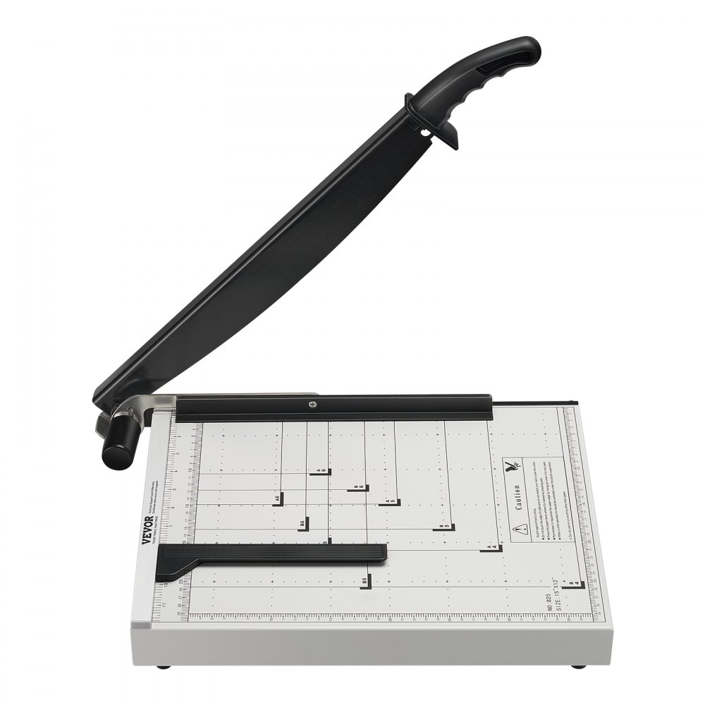 VEVOR paper cutter with grid lines, black handle, and precision cutting guide on white base.