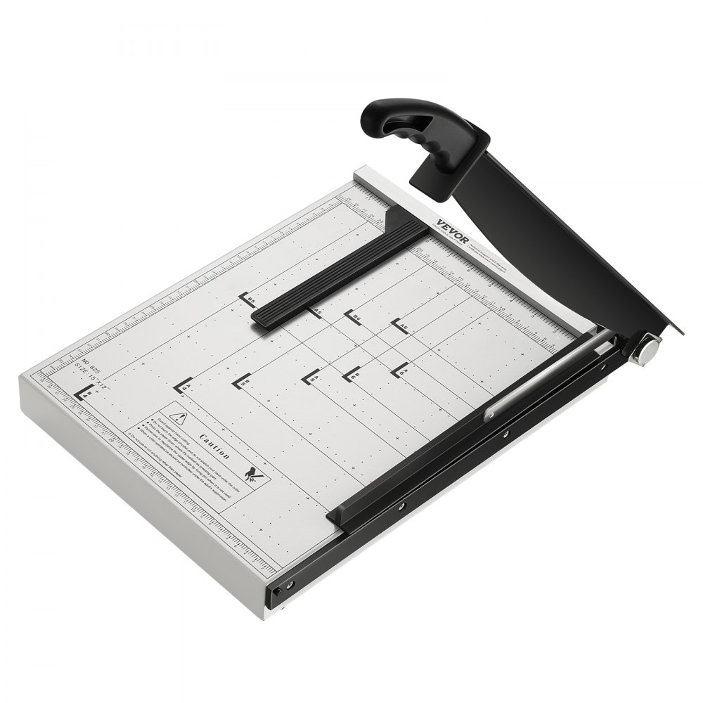 VEVOR paper cutter with ergonomic handle, adjustable ruler, and precision grid for accurate cutting.