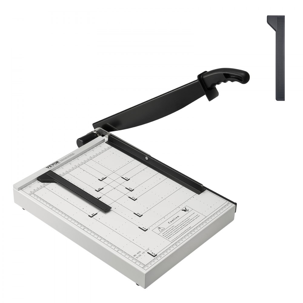 VEVOR paper cutter with grid lines, black cutting arm, and safety lock mechanism for precise cuts.