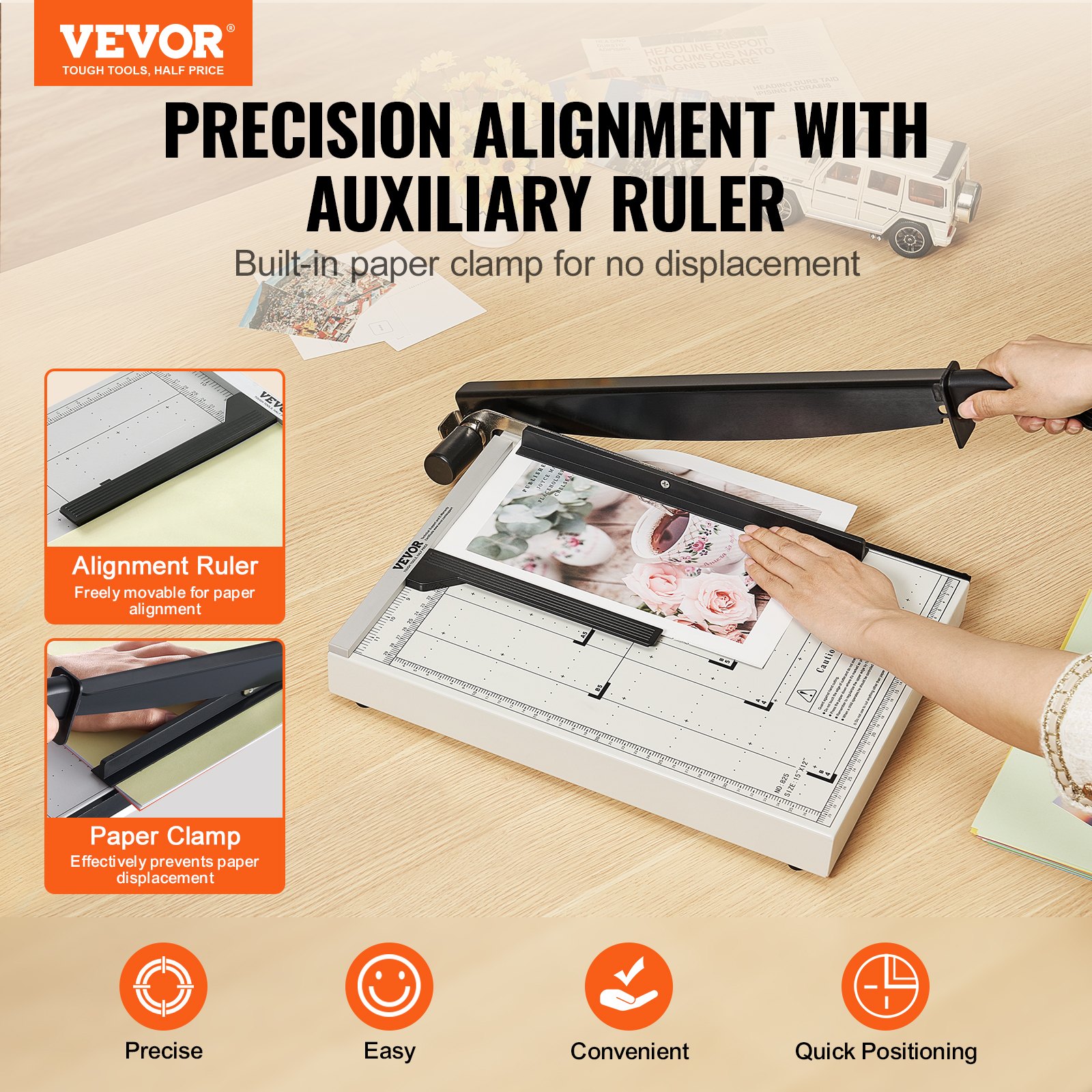 VEVOR paper cutter with alignment ruler and built-in paper clamp for precision and convenience.