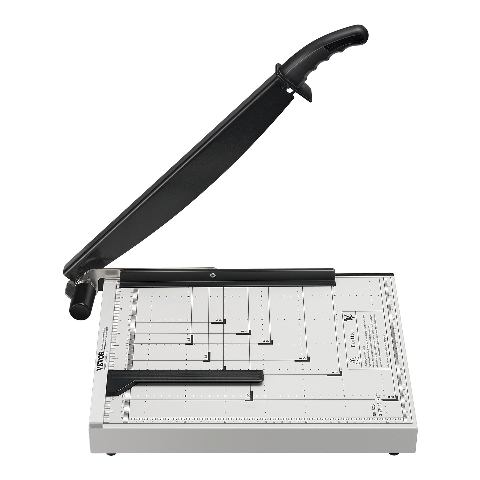 VEVOR paper cutter with grid lines, black handle, and precision cutting guide on white base.
