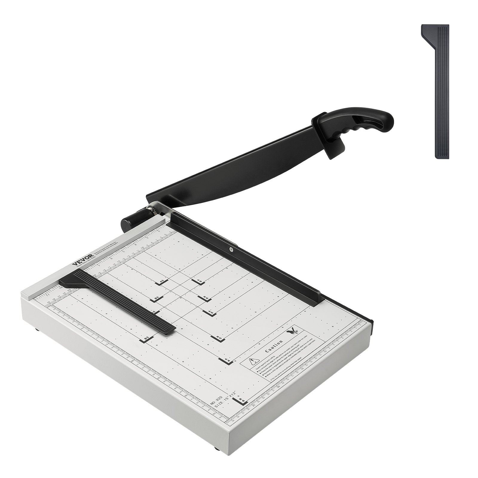 VEVOR paper cutter with grid lines, black cutting arm, and safety lock mechanism for precise cuts.