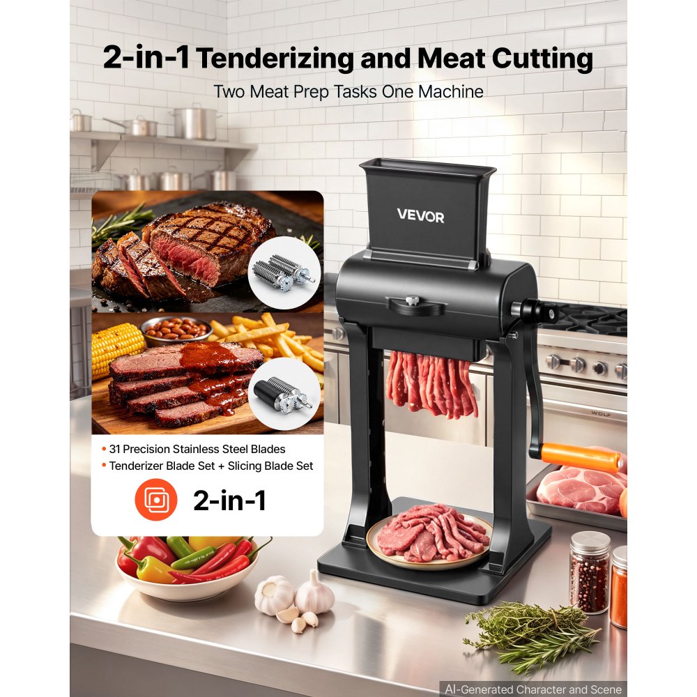 VEVOR 2-in-1 Manual Meat Tenderizer & Beef Jerky Slicer Steak Turkey Pork, Commercial Meat Tenderizer Machine, with Clamp, 15 cm Feed Port, 2 Sets of Stainless Steel Blades, Aluminum Construction