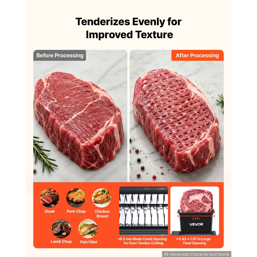 VEVOR 2-in-1 Manual Meat Tenderizer & Beef Jerky Slicer Steak Turkey Pork, Commercial Meat Tenderizer Machine, with Clamp, 15 cm Feed Port, 2 Sets of Stainless Steel Blades, Aluminum Construction