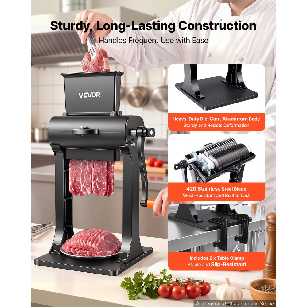 VEVOR 2-in-1 Manual Meat Tenderizer & Beef Jerky Slicer Steak Turkey Pork, Commercial Meat Tenderizer Machine, with Clamp, 15 cm Feed Port, 2 Sets of Stainless Steel Blades, Aluminum Construction