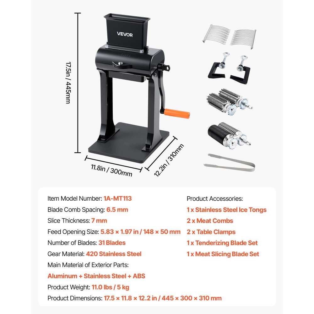 VEVOR 2-in-1 Manual Meat Tenderizer & Beef Jerky Slicer Steak Turkey Pork, Commercial Meat Tenderizer Machine, with Clamp, 15 cm Feed Port, 2 Sets of Stainless Steel Blades, Aluminum Construction