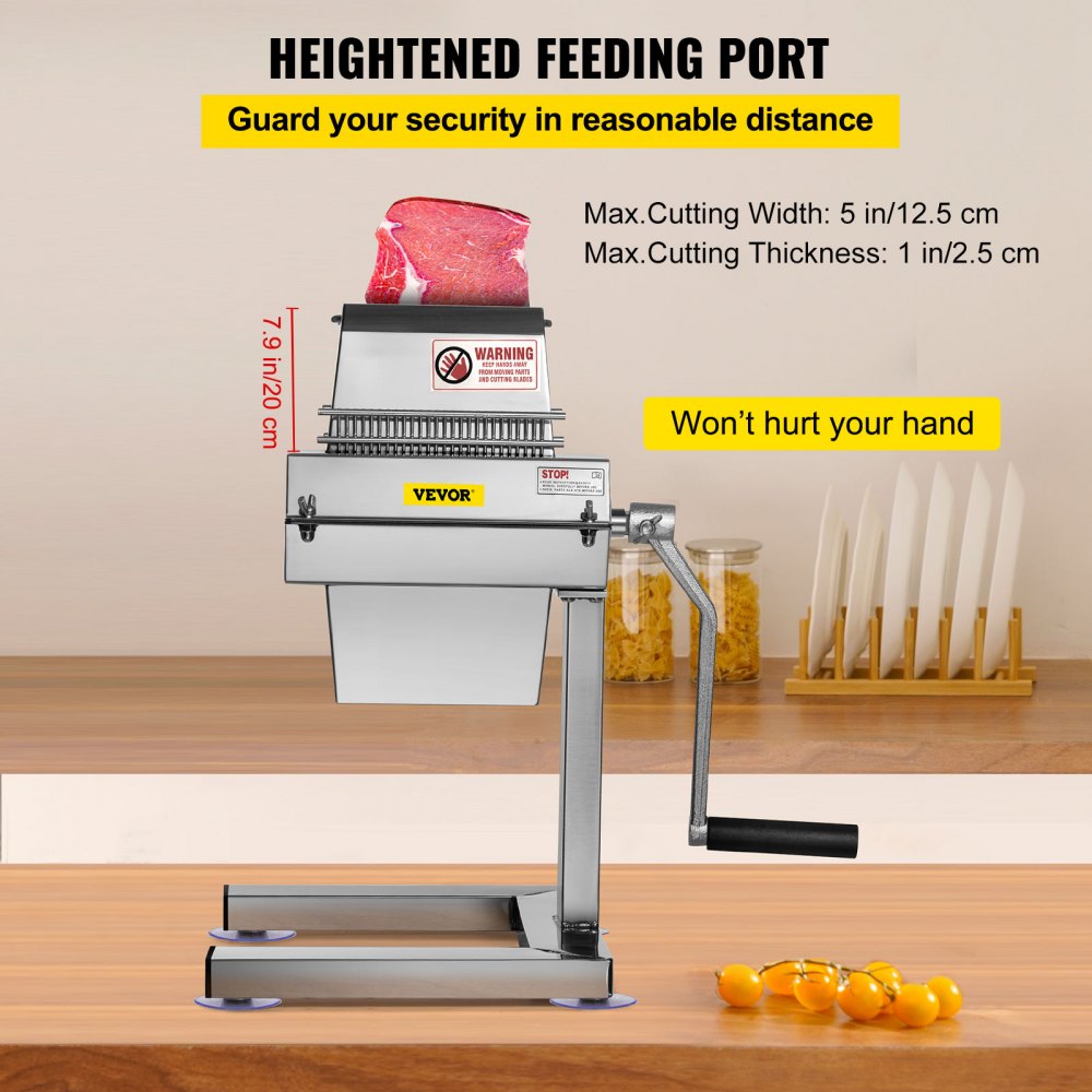 VEVOR manual steak tenderizer with safety feeder, on a kitchen counter.